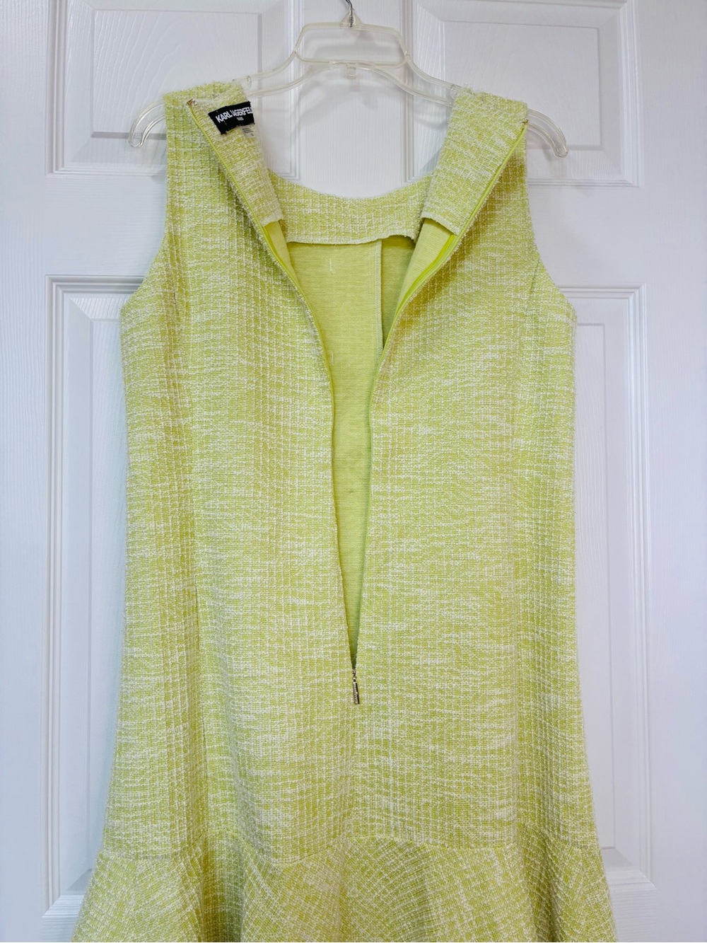 Karl Lagerfeld Tweed Dress Womens 12 Boucle Green Cream Old Money Fashion Office - Picture 9 of 13